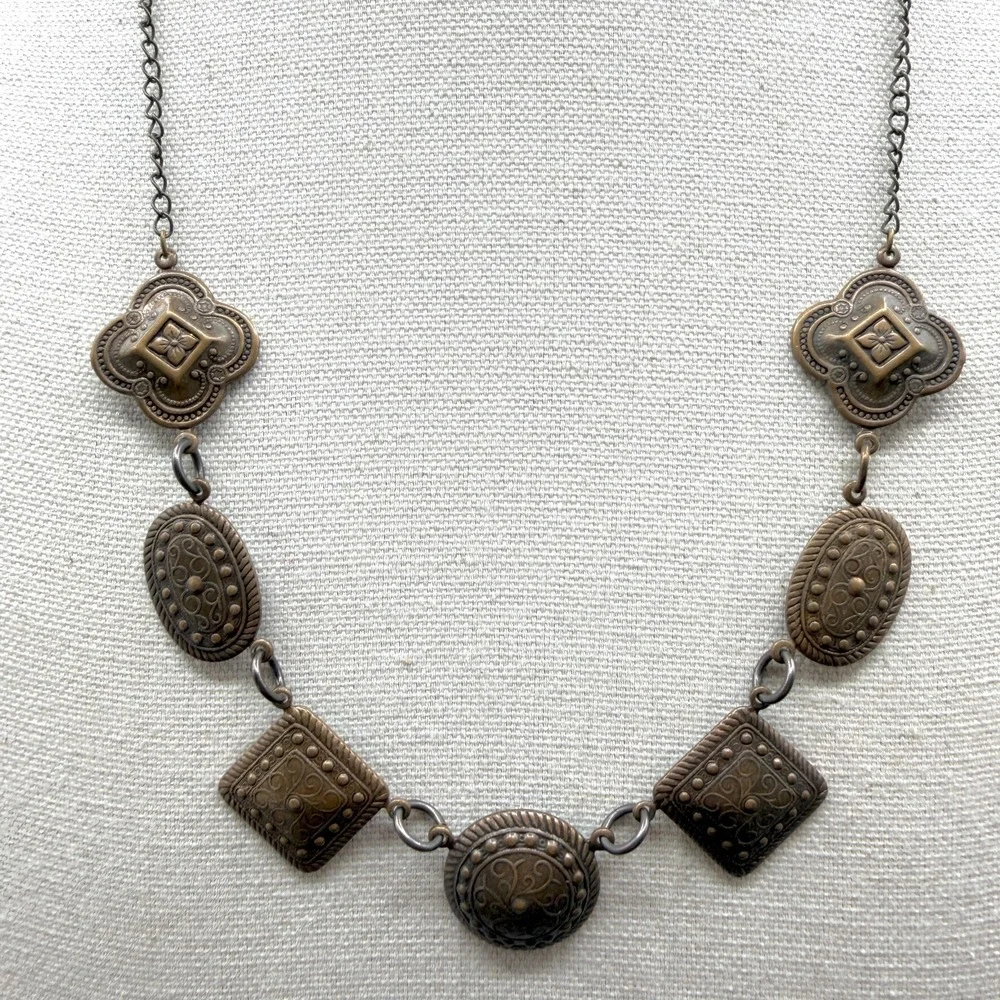 Bronze Tone Filigree Geometric Statement Necklace Boho Cottagecore Festival Gift